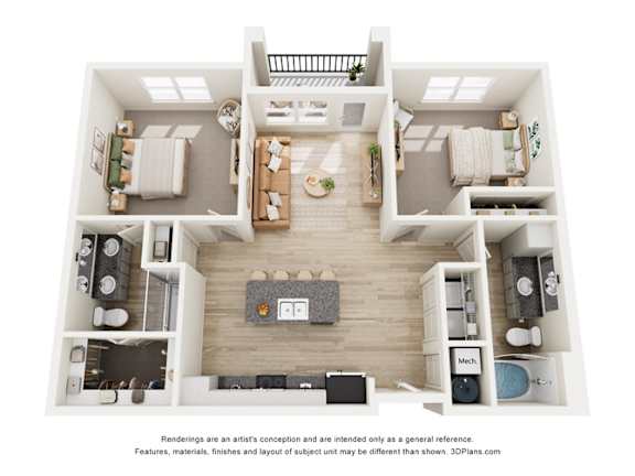 A 3D floor plan of a house with a living room, kitchen, and two bedrooms.