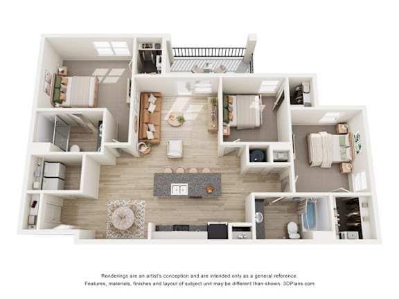A 3D floor plan of a house with a kitchen, living room, and two bedrooms.