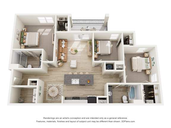 A 3D floor plan of a house with a kitchen, living room, and two bedrooms.