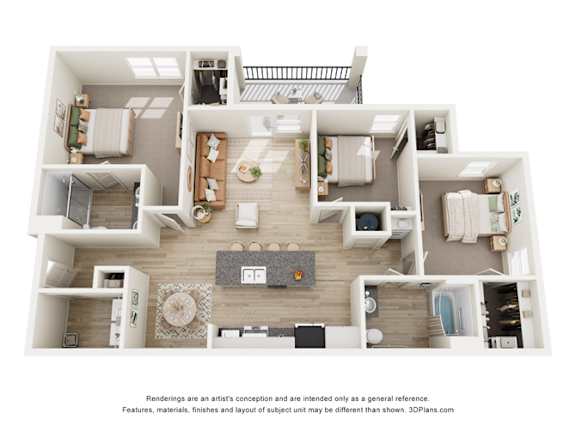 A 3D floor plan of a house with a kitchen, living room, and two bedrooms.
