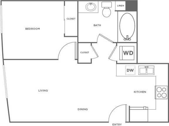 A floor plan of a small apartment with a bedroom, living room, kitchen, dining room, and bathroom.