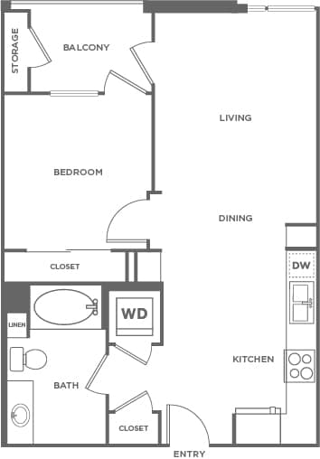A black and white floor plan of a home with a living room, dining room, kitchen, and bathroom.