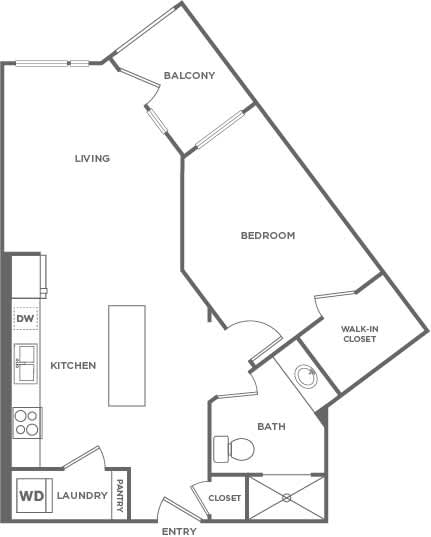A floor plan of an apartment with a living room, bedroom, bathroom, kitchen, and laundry room.