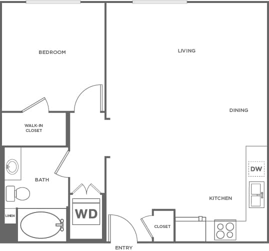 A floor plan of a small apartment with a bedroom, living room, dining room, kitchen, bathroom, and laundry area.