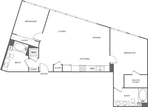 A floor plan of a house with a living room, dining room, kitchen, and bathrooms.