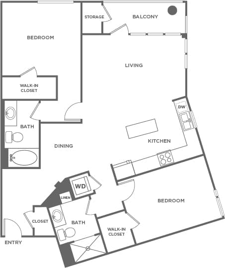 A black and white image of a house floor plan with a balcony, two bedrooms, a living room, a dining room, a kitchen, two bathrooms, and a walk-in closet.
