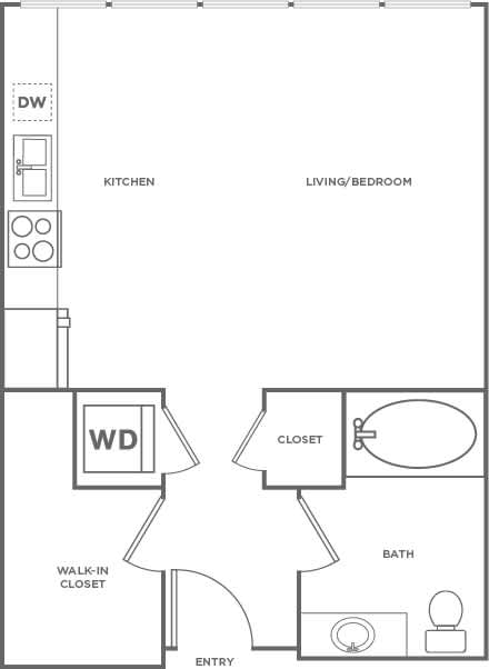 A floor plan of a small apartment with a kitchen, living/bedroom, bath, and closet.