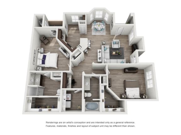 A 3D rendered image of a house layout.