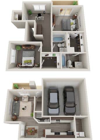 A 3D floor plan of a house with two bedrooms, a living room, a kitchen, a bathroom, and a garage.