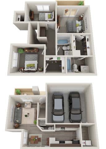 A 3D floor plan of a house with two bedrooms, a living room, a kitchen, and a garage.
