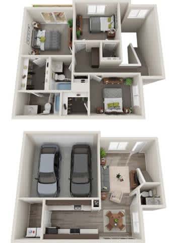 A floor plan of a house with two bedrooms, a living room, a kitchen, and a garage.