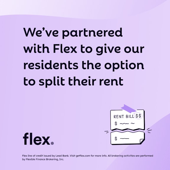 An image showing a partnership with Flex to offer rent splitting option to residents, with a rent bill icon.