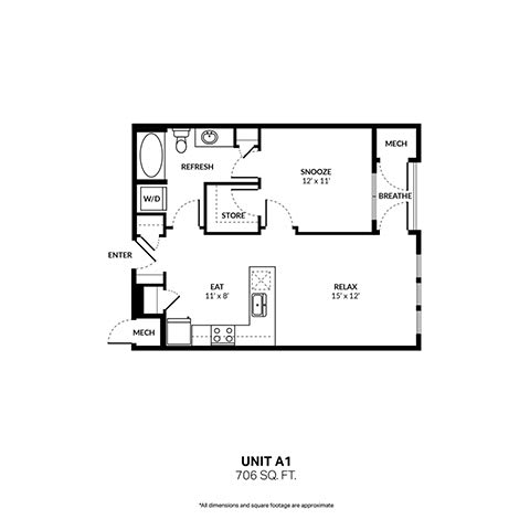 A floor plan of a 706 square foot apartment with a snooze button and a store.