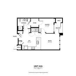 A floor plan of a 737 square foot unit with a kitchen, living room, and two bedrooms.