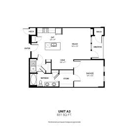 A black and white image of a floor plan for a unit labeled A3.