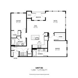 A black and white image of a floor plan for a unit labeled B3.