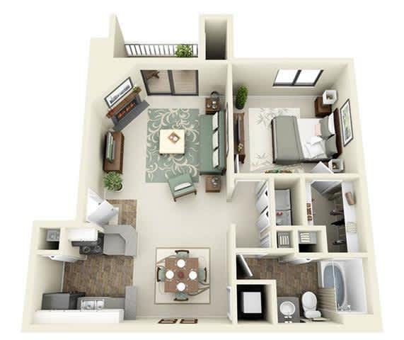 A 3D floor plan of a small apartment with a living room, kitchen, and bathroom.