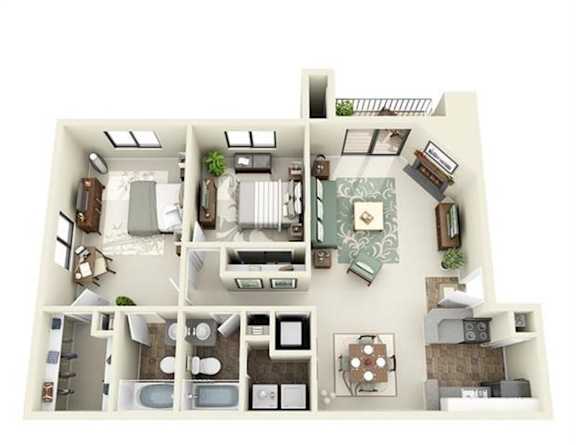 A 3D floor plan of a house with a kitchen, living room, and two bedrooms.