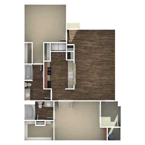 Floor Plan  A floor plan of a house with a kitchen, living room, and bathroom.