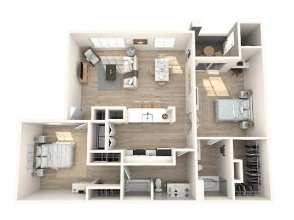 Floor Plan  A top-down view of a modern apartment layout with a kitchen, living room, and bedrooms.