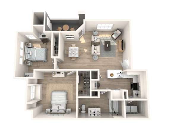 Floor Plan  A 3D floor plan of a house showing the layout of the rooms.
