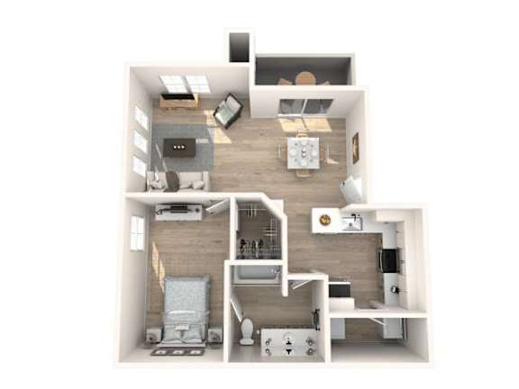 Floor Plan  A 3D floor plan of a small apartment with a kitchen, living room, and bathroom.