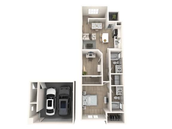 Floor Plan  A top down view of a small apartment with a car parked in the garage.