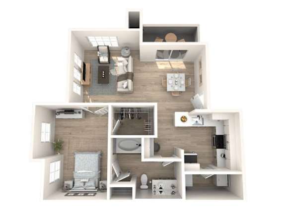 Floor Plan  A 3D floor plan of a small apartment with a kitchen, living room, and bathroom.
