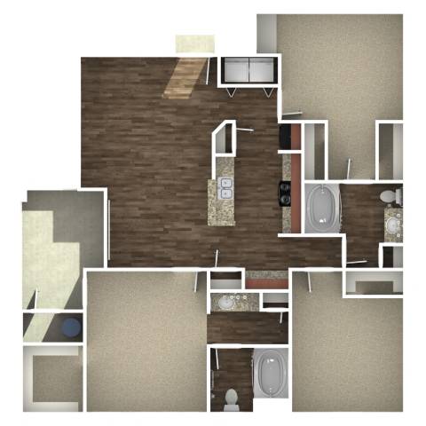 Floor Plan  A floor plan of a house with a kitchen, living room, and two bathrooms.