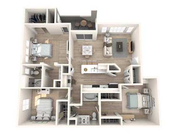Floor Plan  A 3D floor plan of a house with a kitchen, living room, and bedrooms.