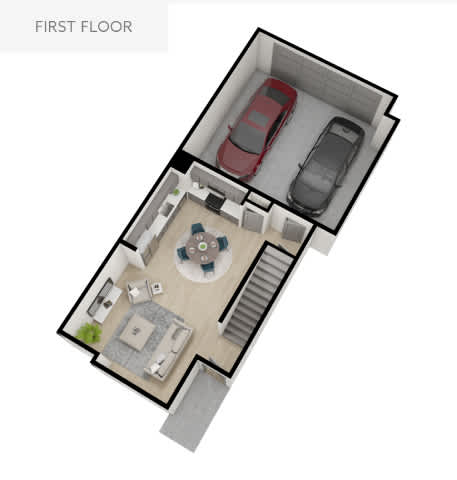 A 3D floor plan of a house with a living room, dining room, kitchen, and two bedrooms.