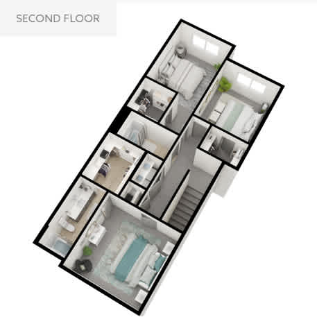 A floor plan of a second floor apartment with multiple rooms.
