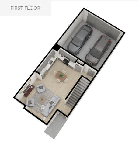 A first floor apartment with a living room, kitchen, and two bedrooms.