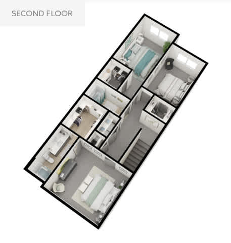 A floor plan of a second floor apartment with multiple rooms.