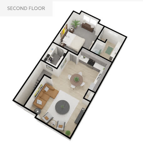 A floor plan of a second floor apartment with a living room, kitchen, and two bedrooms.