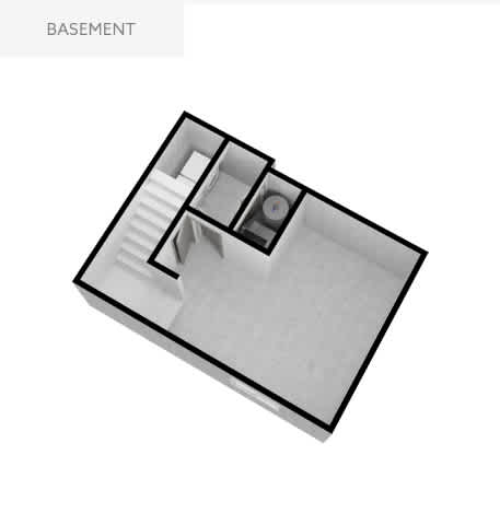 A black and white image of a basement with a staircase and a door.