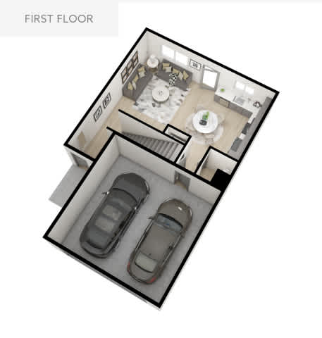 A first floor floor plan shows a living room, dining room, kitchen, and two bedrooms.