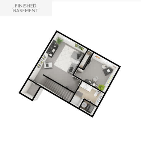 A floor plan of a finished basement with a kitchen, living room, and bedrooms.