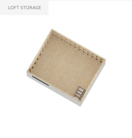 A loft storage box with a white frame and a cork exterior.