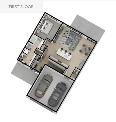 A first floor floor plan with two bedrooms, a living room, a kitchen, a bathroom, and a garage.