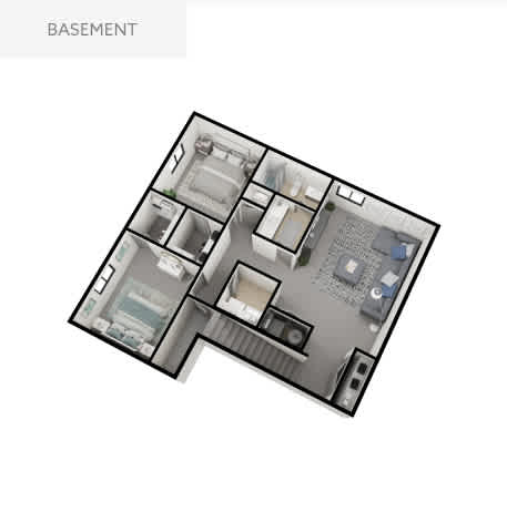 A floor plan of a basement with labeled rooms.