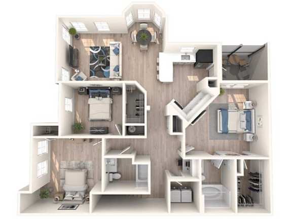 A 3D floor plan of a small apartment with a kitchen, living room, and bathroom.