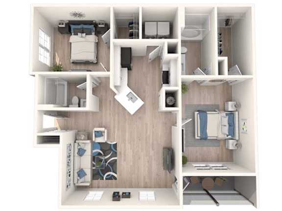 A top-down view of a small apartment with a kitchen, living room, and bedroom.