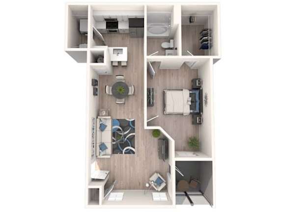 A top-down view of a small apartment with a kitchen, living room, and bedroom.