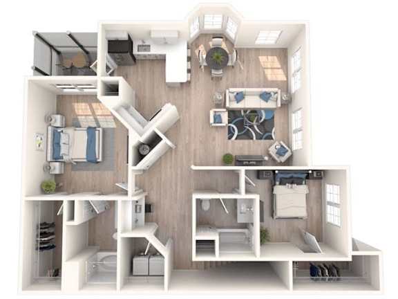 A 3D floor plan of a small apartment with a kitchen, living room, and bedrooms.