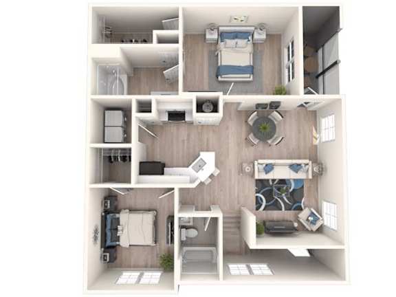 A 3D floor plan of a small apartment with a kitchen, living room, bedroom, and bathroom.