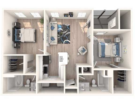 A 3D rendered image of a small, modern, white-walled apartment with a bed, a desk, a kitchenette, and a bathroom.