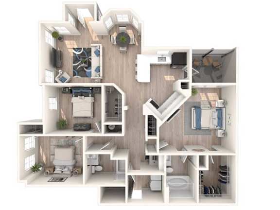 A 3D floor plan of a house with multiple rooms.