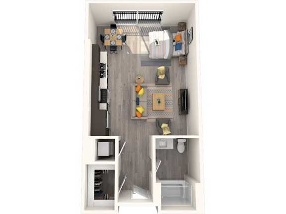 A small, modern kitchen with a refrigerator, microwave, and sink.