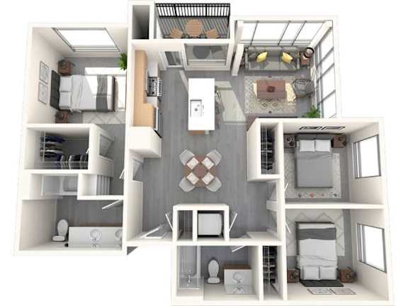 A 3D floor plan of a house with a kitchen, living room, and two bedrooms.
